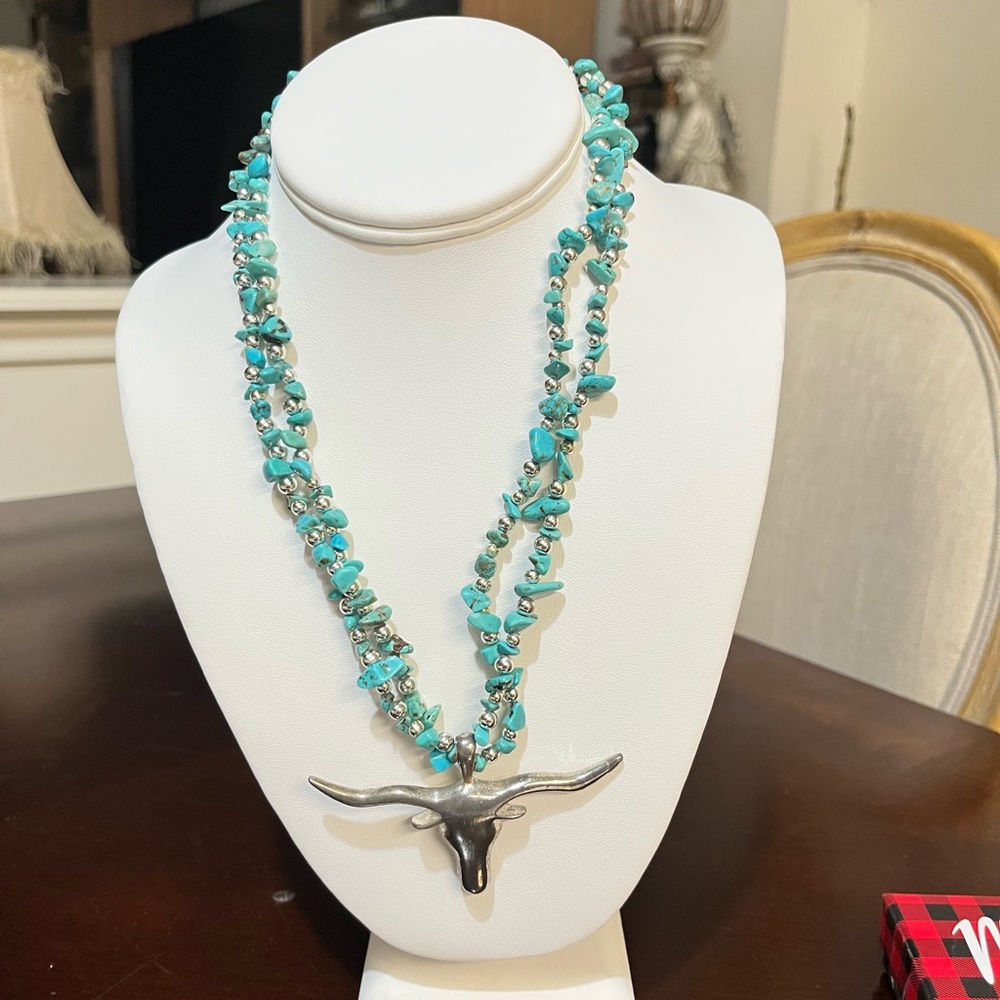 Turquoise and Silver Necklace with Bull Pendant